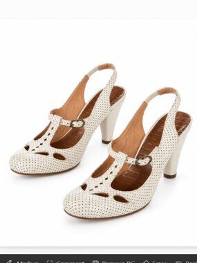 Chie Mihara Leather Polka Dot T-Strap Slingback Pumps 6.5 Cream Retro 40s Pinup